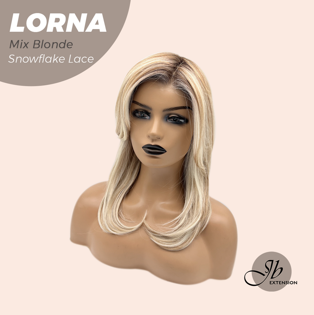 JBEXTENSION 18 Inches Mix Blonde Curly Pre-Cut Snowflake Lace Frontlace Glueless Wig LORNA SNOWFLAKE MIX BLONDE【PERMATEASE】【BENDY EAR TABS】- S/M