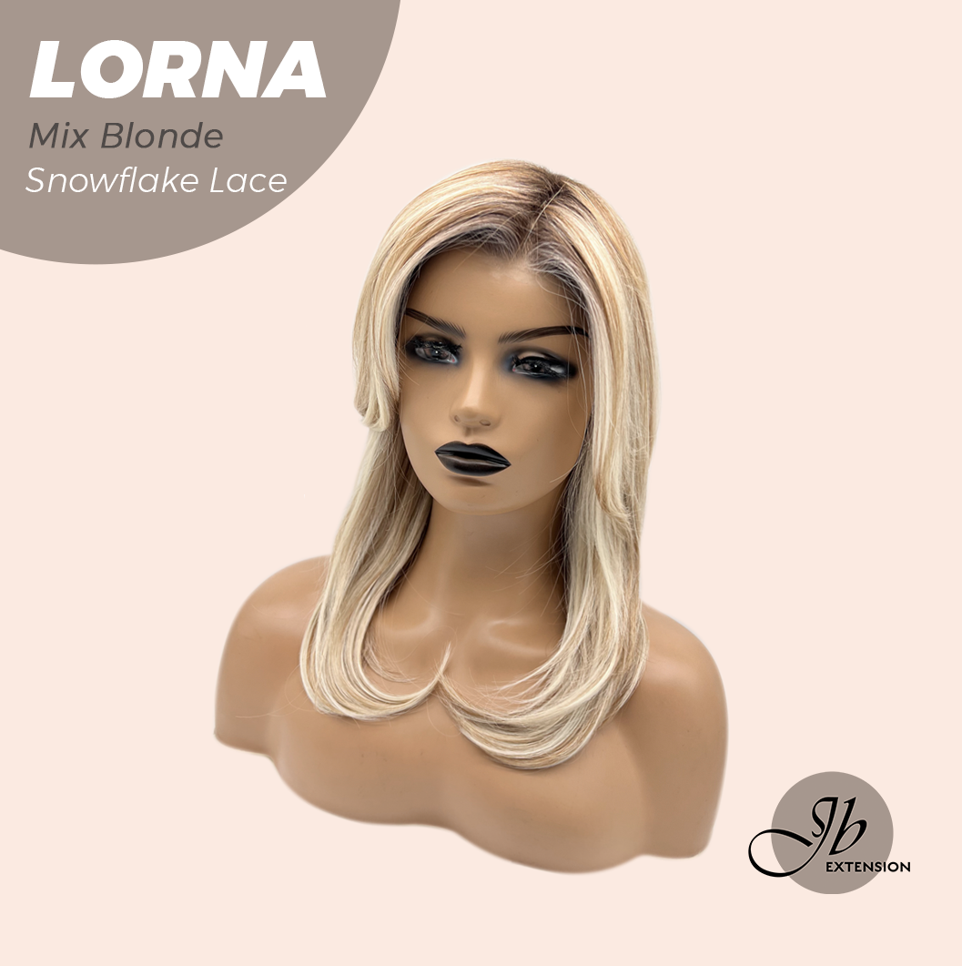 JBEXTENSION 18 Inches Mix Blonde Curly Pre-Cut Snowflake Lace Frontlace Glueless Wig LORNA SNOWFLAKE MIX BLONDE【PERMATEASE】【BENDY EAR TABS】- S/M