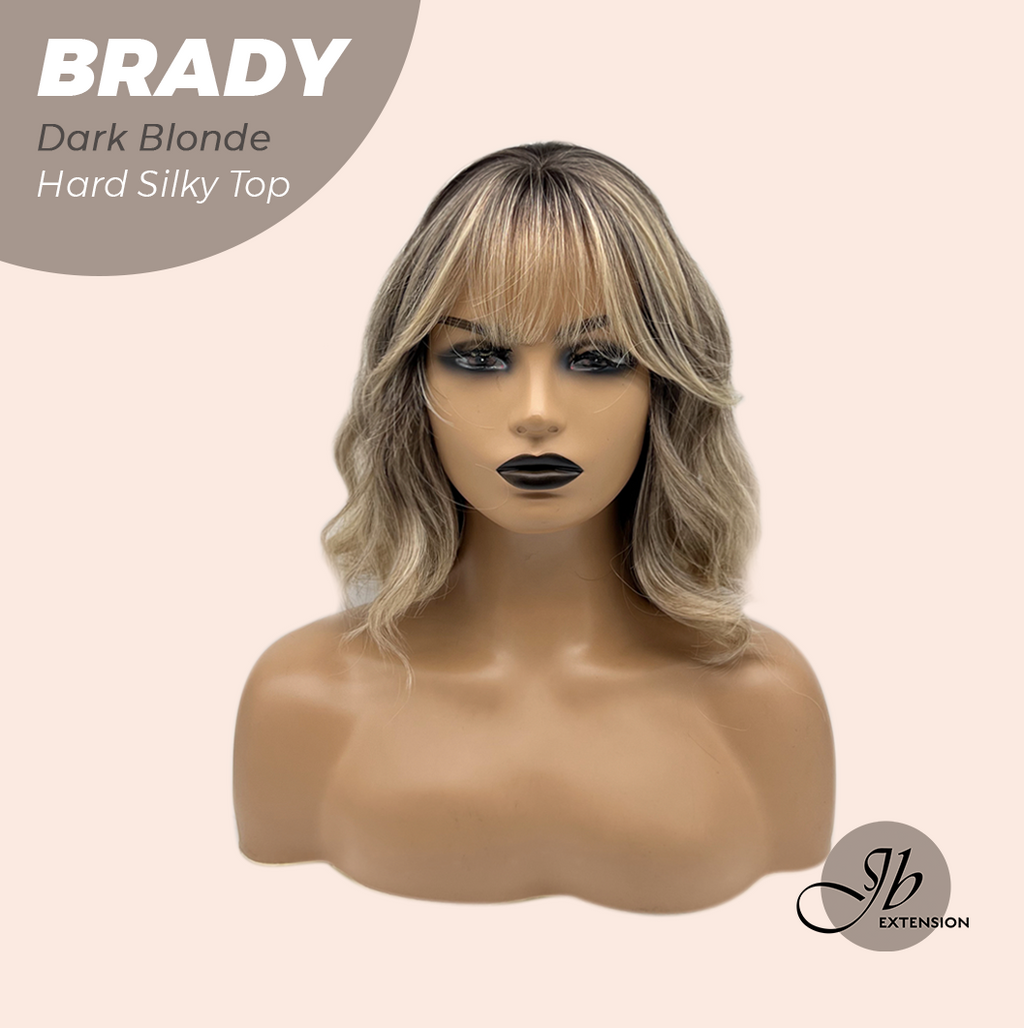 JBEXTENSION 12 Inches Scalpiana Wave Dark Blonde 3.5X4 Hard Silky Top Natural Scalp Effect Wig with Bang BRADY DARK BLONDE