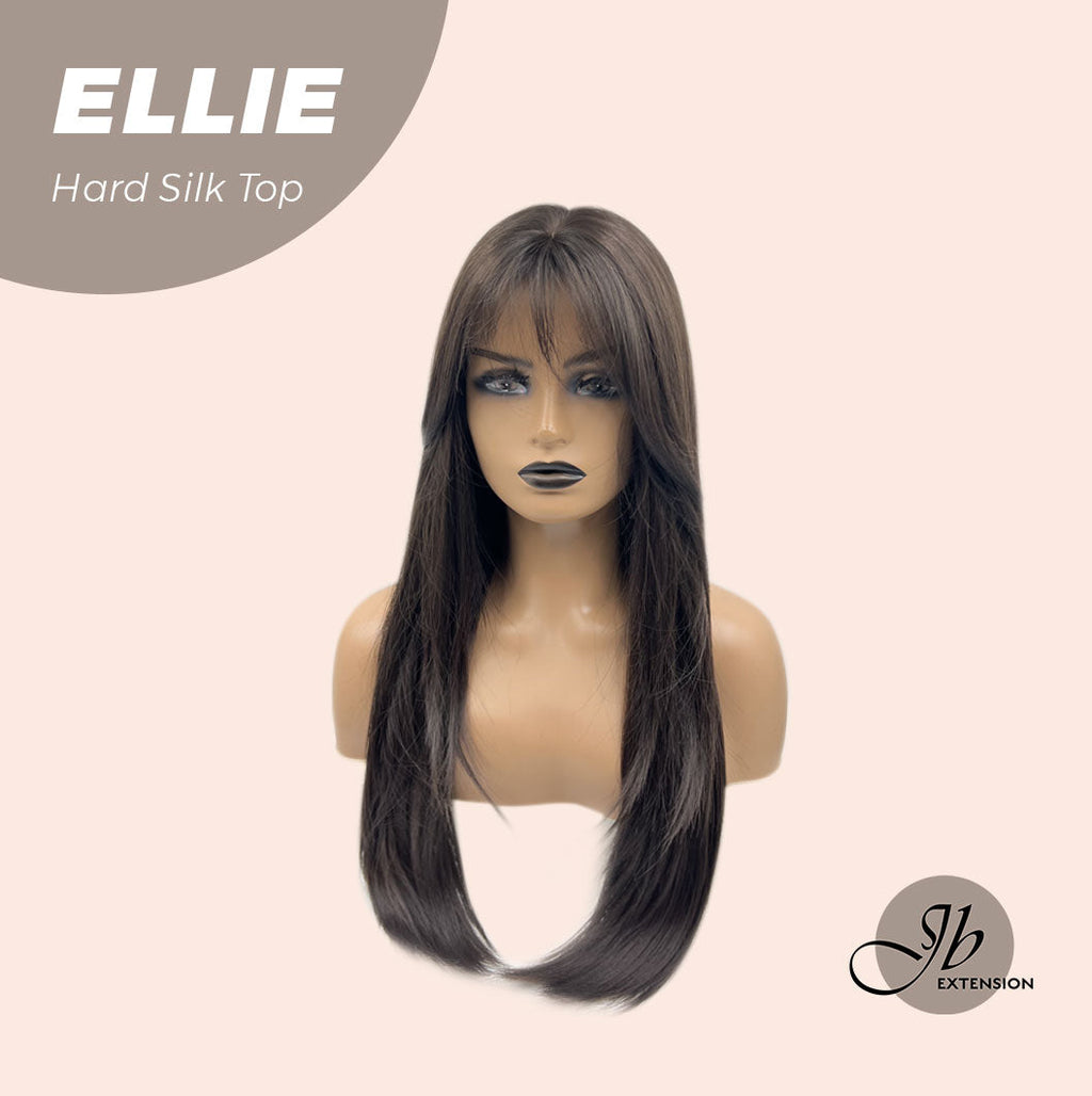 HOT OF SEASON - JBEXTENSION 26 Inches Scalpiana Tea Black Darkest Brown Wolf Cut 3.5X4 Hard Silky Top Natural Scalp Effect Wig With Bangs ELLIE SILK TOP