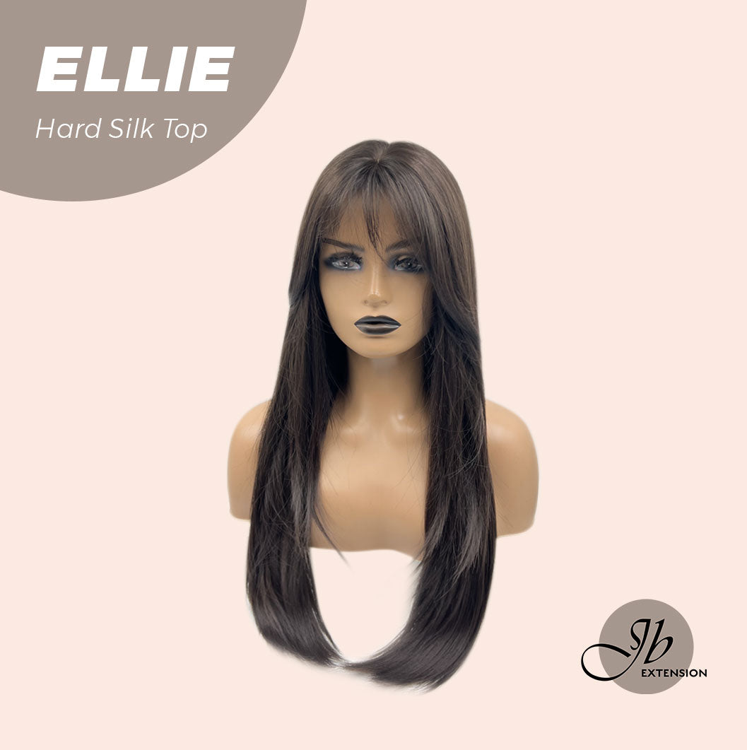 HOT OF SEASON - JBEXTENSION 26 Inches Scalpiana Tea Black Darkest Brown Wolf Cut 3.5X4 Hard Silky Top Natural Scalp Effect Wig With Bangs ELLIE SILK TOP