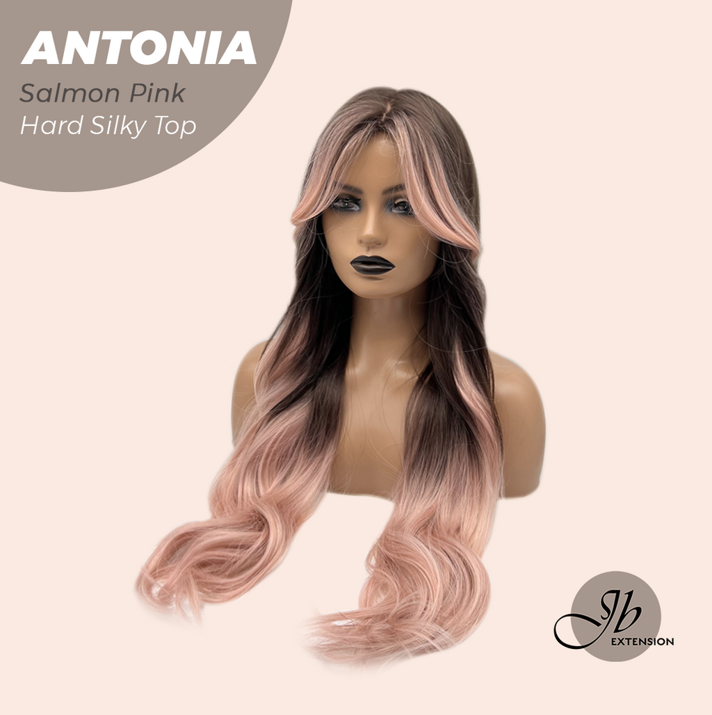 JBEXTENSION 28 Inches Scalpiana Long Curly Salmon Pink 3.5X4 Hard Silky Top Natural Scalp Effect Wig ANTONIA SALMON PINK