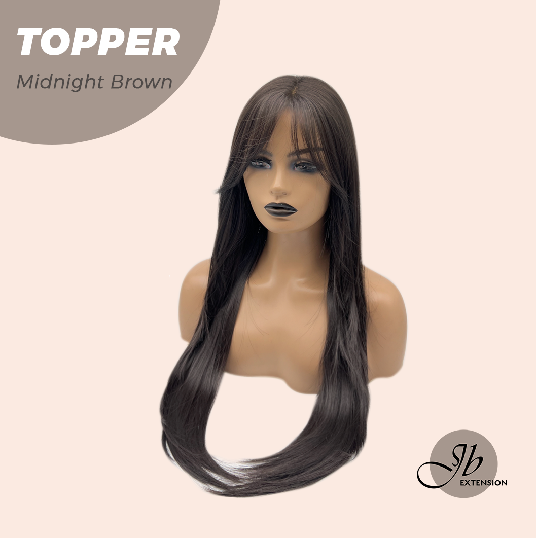 JBEXTENSION 28 Inches T Part Pre-Cut Frontlace Topper Clip in Synthetic Fiber Long Straight Topper Hair Piece Hair with Bangs for Women Clip in Top Crown Hair Clip on Toupee Hairpiece for Slight Hair Loss/Thinning Hair