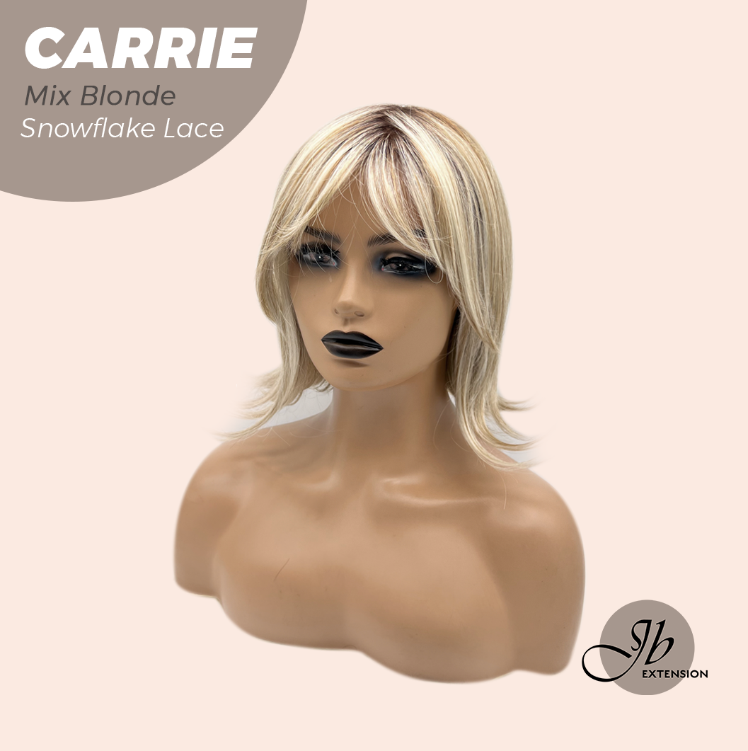JBEXTENSION 11 Inches Short Hair Mix Blonde Pre-Cut T Part Snowflake Lace Frontlace Glueless Wig with Bangs CARRIE MIX BLONDE【BENDY EAR TABS】
