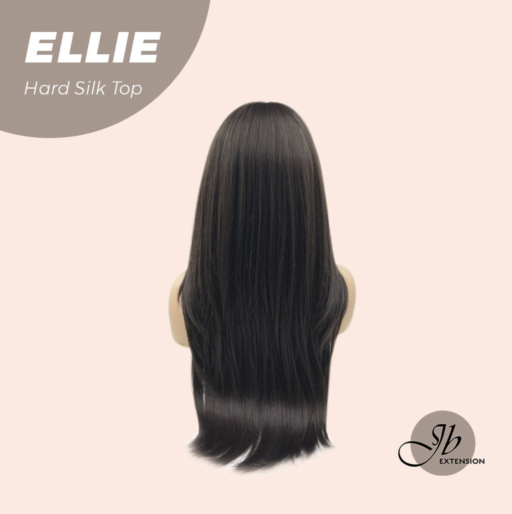 HOT OF SEASON - JBEXTENSION 26 Inches Scalpiana Tea Black Darkest Brown Wolf Cut 3.5X4 Hard Silky Top Natural Scalp Effect Wig With Bangs ELLIE SILK TOP