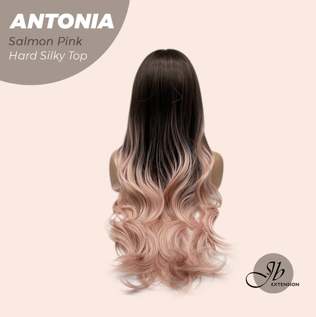 JBEXTENSION 28 Inches Scalpiana Long Curly Salmon Pink 3.5X4 Hard Silky Top Natural Scalp Effect Wig ANTONIA SALMON PINK