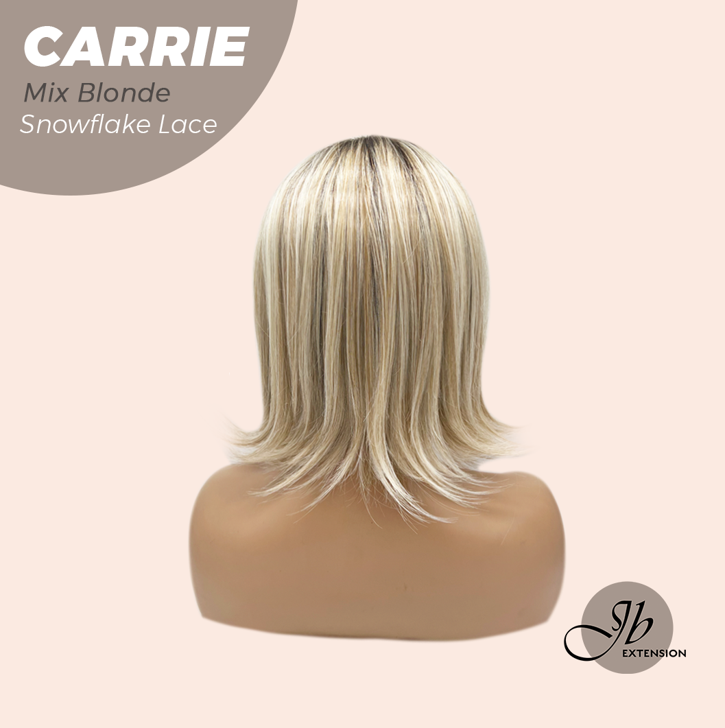 JBEXTENSION 11 Inches Short Hair Mix Blonde Pre-Cut T Part Snowflake Lace Frontlace Glueless Wig with Bangs CARRIE MIX BLONDE【BENDY EAR TABS】