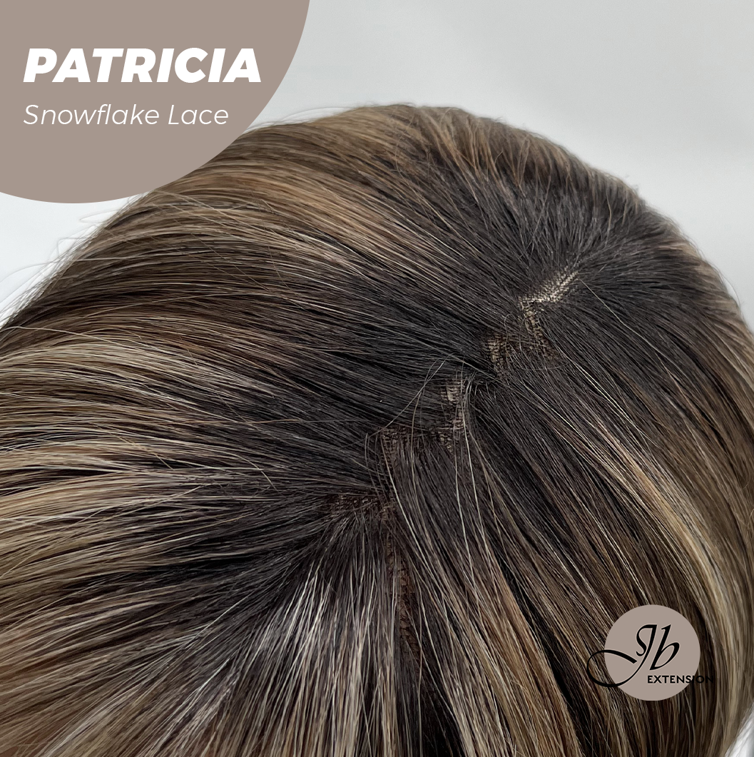 [PRE-ORDER] JBEXTENSION 17 Inches Dark Mix Blonde Pre-Cut T Part Snowflake Lace Frontlace Glueless Wig with Bangs PATRICIA【BENDY EAR TABS】