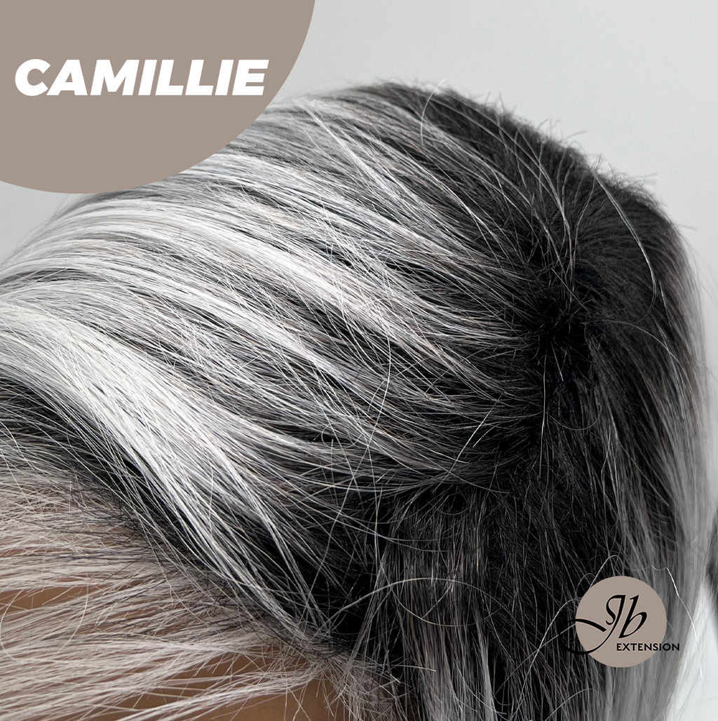 JBEXTENSION 14 Inches Grey Silver with Dark Root Women Fashion Full Machine Wig CAMILLIE【PLUS PERMATEASE】【BENDY EAR TABS】