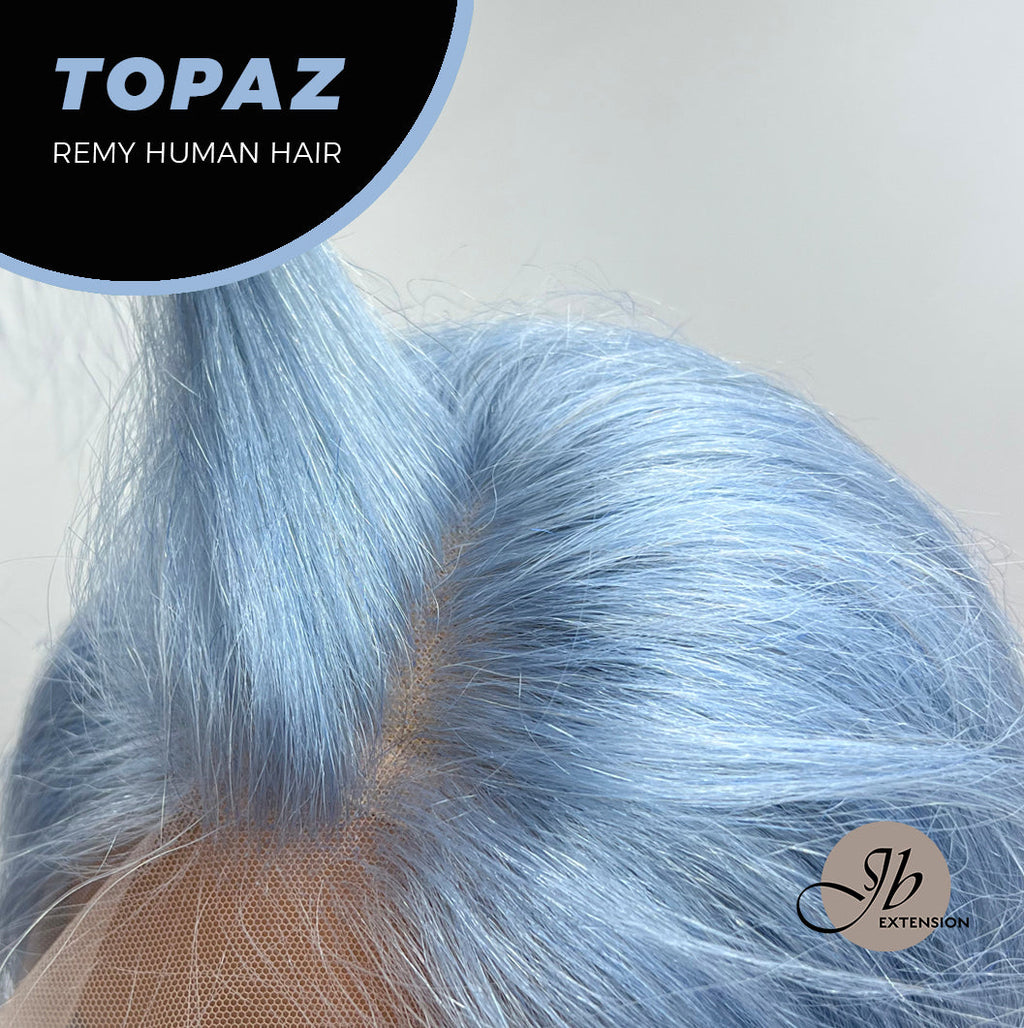 JBEXTENSION GEMSTONE COLLECTION 12 Inches Real Human Hair Light Blue Bob Cut Free Parting Wig TOPAZ
