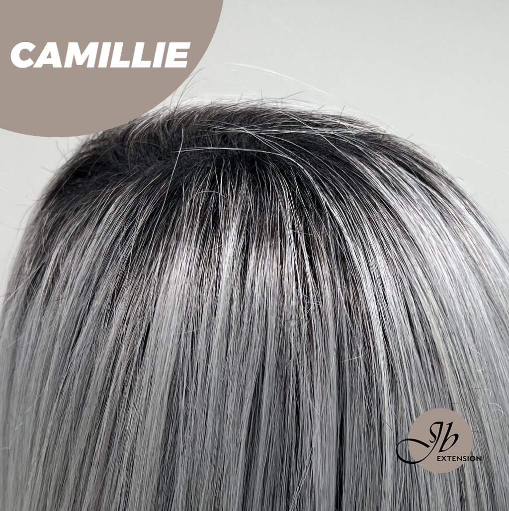JBEXTENSION 14 Inches Grey Silver with Dark Root Women Fashion Full Machine Wig CAMILLIE【PLUS PERMATEASE】【BENDY EAR TABS】