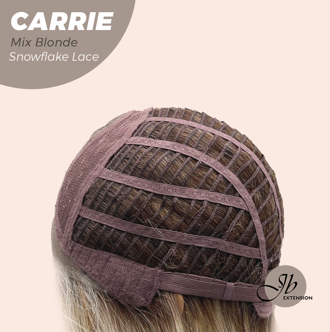 JBEXTENSION 11 Inches Short Hair Mix Blonde Pre-Cut T Part Snowflake Lace Frontlace Glueless Wig with Bangs CARRIE MIX BLONDE【BENDY EAR TABS】