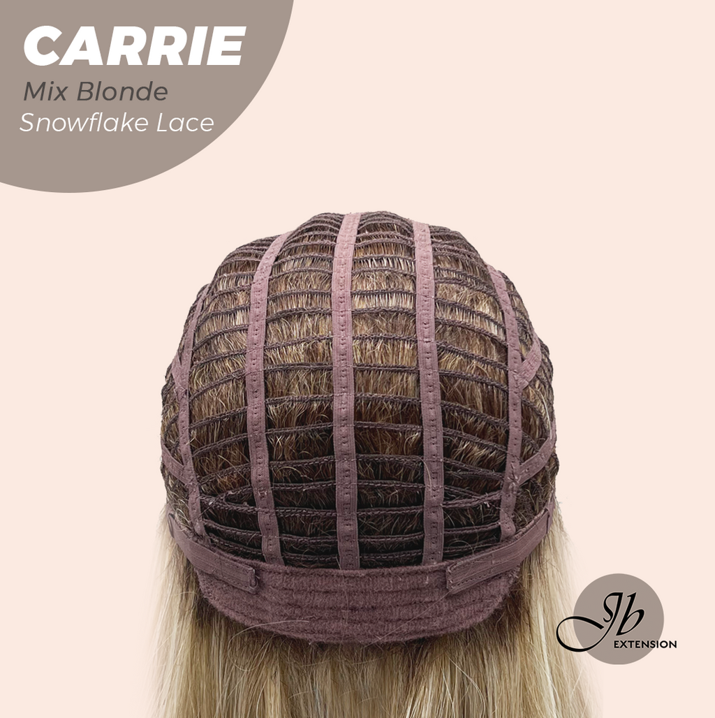 JBEXTENSION 11 Inches Short Hair Mix Blonde Pre-Cut T Part Snowflake Lace Frontlace Glueless Wig with Bangs CARRIE MIX BLONDE【BENDY EAR TABS】