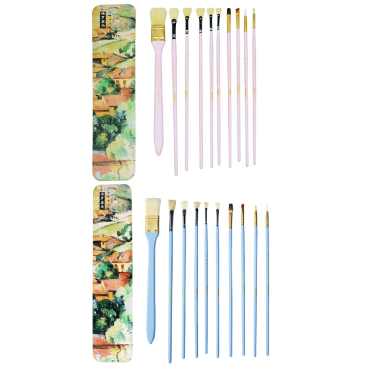 10 PCS/Set Fine Art Pig Bristle Fishtail Gouache Brush With Iron Box(Blue Rod)