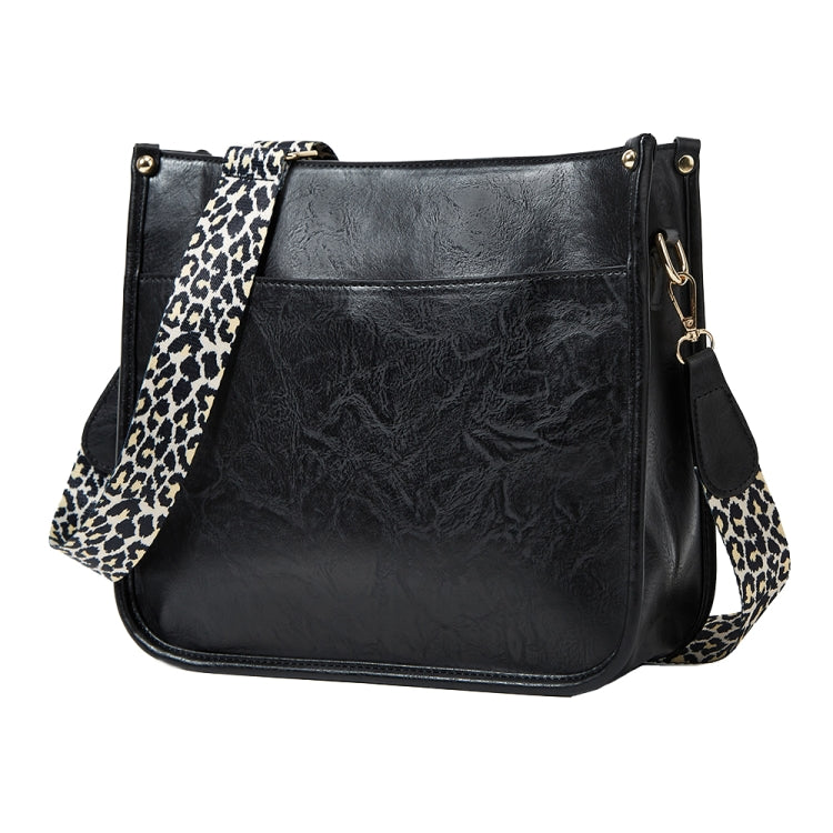 013 Leopard Strap PU Leather Single-shoulder Waterproof Crossbody Tote Bag(Black)