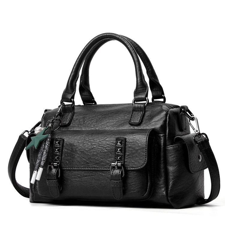 048 Pebbled Leather Multi-compartment Handbag Large Capacity Crossbody Shoulder Bag(Black)