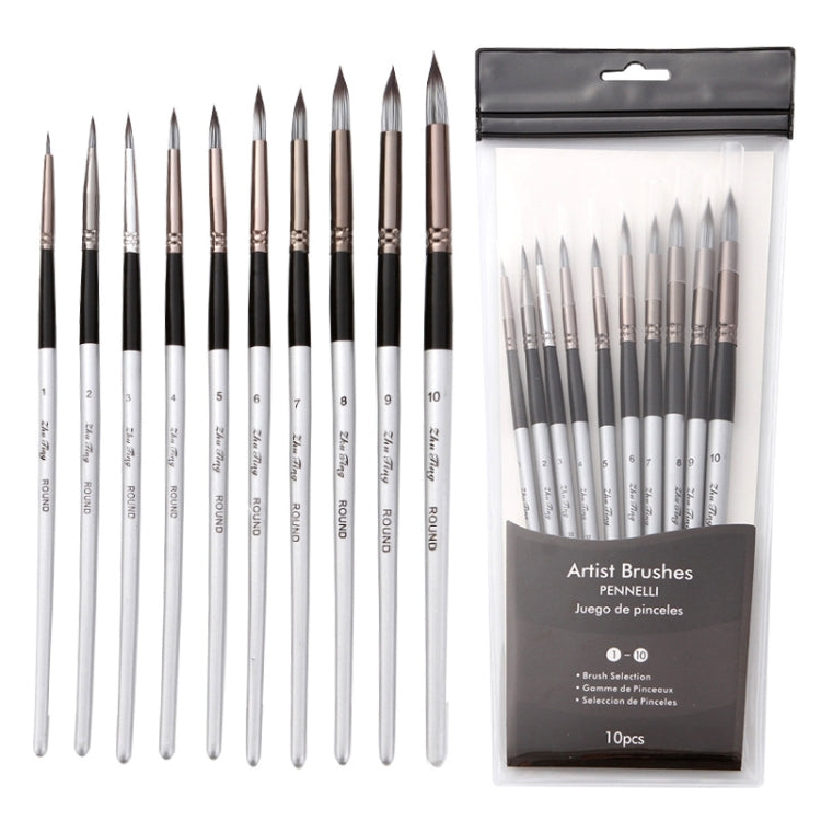 10 In 1 Nylon Hair Watercolor Paint Brush Set Wooden Handle Round Pointed Acrylic Painting Pens(Silver Black)