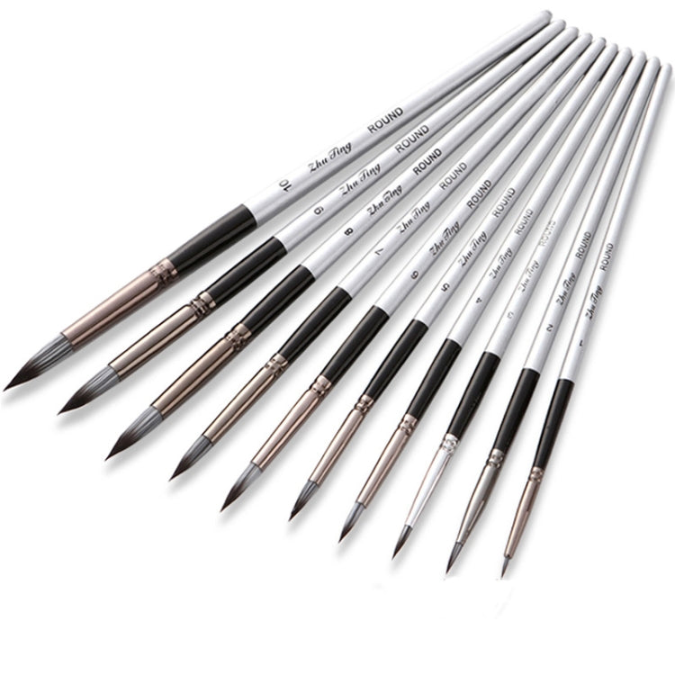 10 In 1 Nylon Hair Watercolor Paint Brush Set Wooden Handle Round Pointed Acrylic Painting Pens(Silver Black)