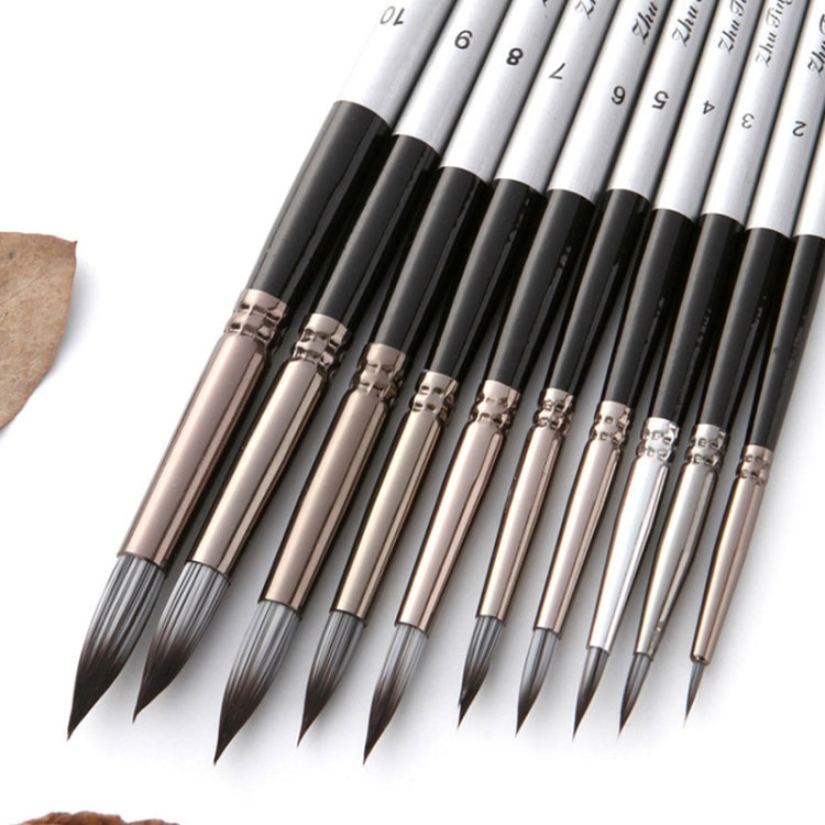 10 In 1 Nylon Hair Watercolor Paint Brush Set Wooden Handle Round Pointed Acrylic Painting Pens(Silver Black)