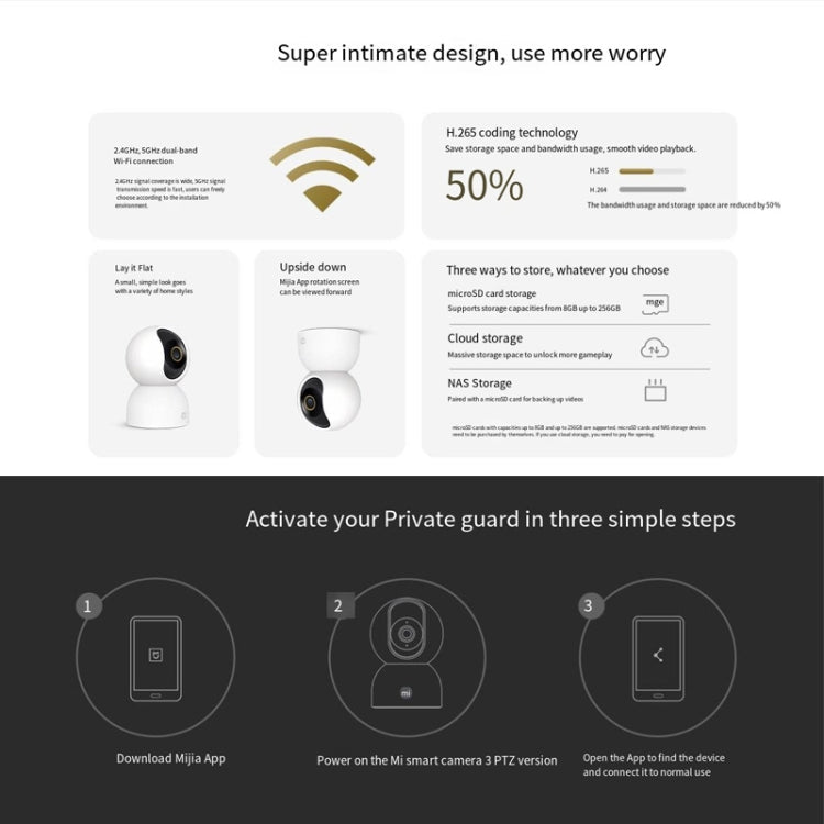 Original Xiaomi Mijia Smart Camera 3 PTZ Version 3K AI Detection Baby Monitor 5MP 360 Degree View Webcam Day & Night Work Infrared Night Vision, With US Plug Adapter(White)