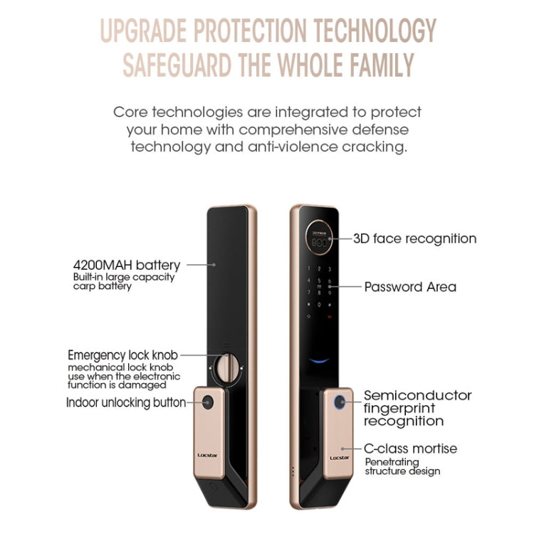 T100A  3D Face Recognition Fingerprint Code Card Digital Door Lock(Rose Gold)