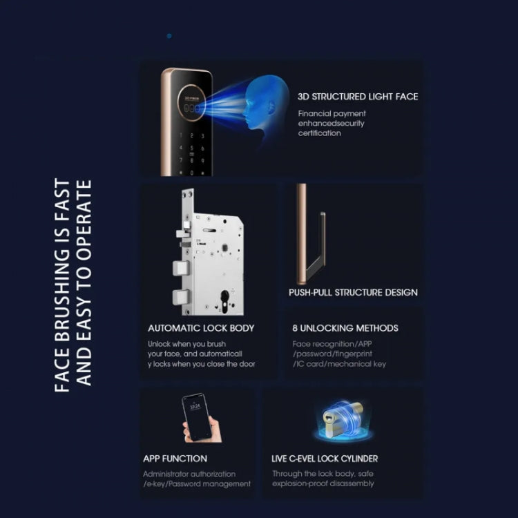 T100A  3D Face Recognition Fingerprint Code Card Digital Door Lock(Rose Gold)