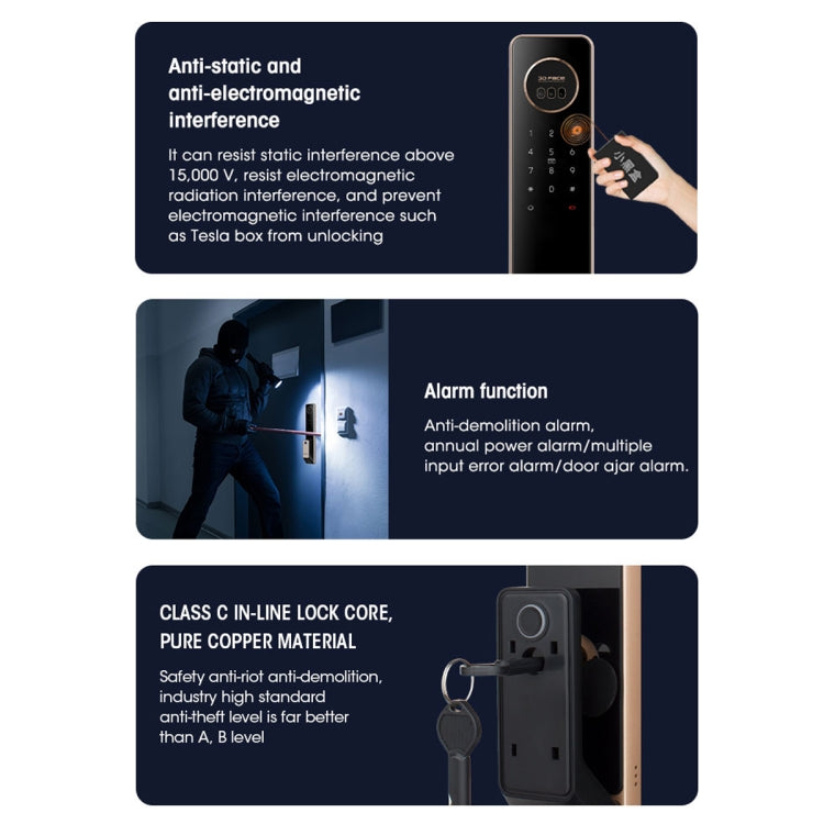 T100A  3D Face Recognition Fingerprint Code Card Digital Door Lock(Rose Gold)