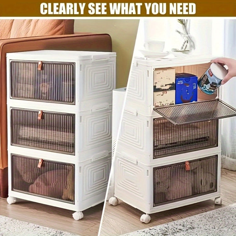 1-Tier Stackable Plastic Storage Bins With Wheels & Magnetic Door For Snacks, Clothes, Kitchen Supplies, Shoes