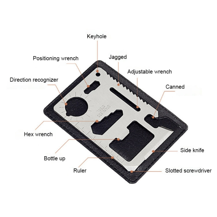 10 PCS 11 in 1 Outdoor Portable Multi-function Stainless Steel Hollow Tool Card Cutter with Leather Case, Size: 6.9 x 4.5cm(Silver)