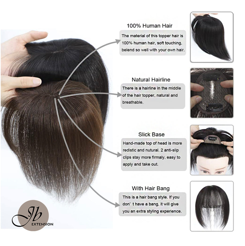 JBEXTENSION Hair Toppers for Women Real Human Hair Clip in Bangs 100% Remy Human Hair Toppers Hair Pieces for Women Hand-madeJB toupee/ toupet Top Hair Piece Straight Hair Pieces for Women with Thinning Hair