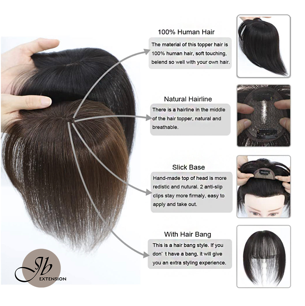 JBEXTENSION Hair Toppers for Women Real Human Hair Clip in Bangs 100% Remy Human Hair Toppers Hair Pieces for Women Hand-madeJB toupee/ toupet Top Hair Piece Straight Hair Pieces for Women with Thinning Hair