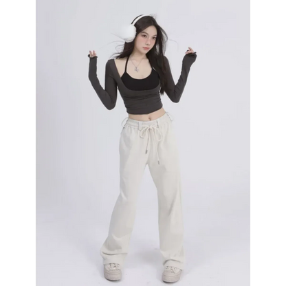 Aesthetic Halter Two-Piece Set - Harajuku Long Sleeve Tee