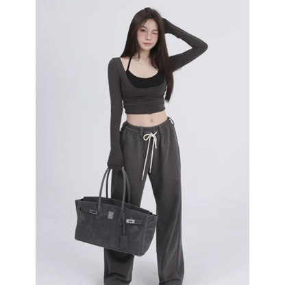 Aesthetic Halter Two-Piece Set - Harajuku Long Sleeve Tee