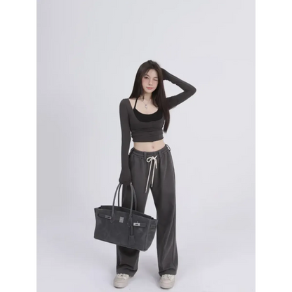 Aesthetic Halter Two-Piece Set - Harajuku Long Sleeve Tee