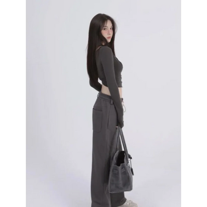 Aesthetic Halter Two-Piece Set - Harajuku Long Sleeve Tee