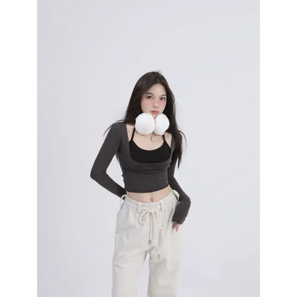 Aesthetic Halter Two-Piece Set - Harajuku Long Sleeve Tee