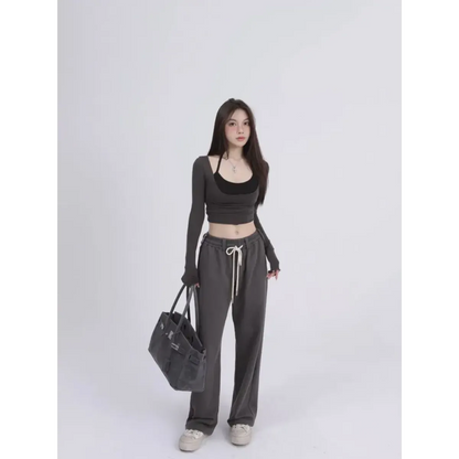 Aesthetic Halter Two-Piece Set - Harajuku Long Sleeve Tee