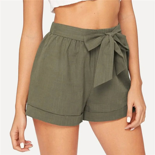 Women's Elastic Waist Belted Army Green Shorts