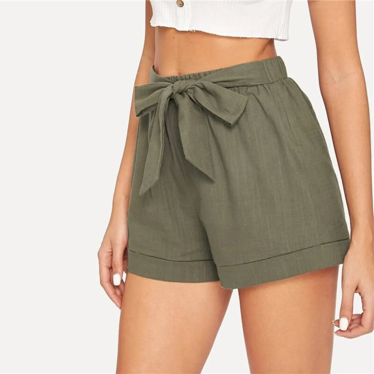Women's Elastic Waist Belted Army Green Shorts