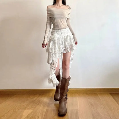 White Asymmetrical Lace Skirt – Fairycore Boho Irregular Skirt
