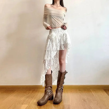 White Asymmetrical Lace Skirt – Fairycore Boho Irregular Skirt