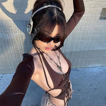 Backless Long Sleeve Crop Tops