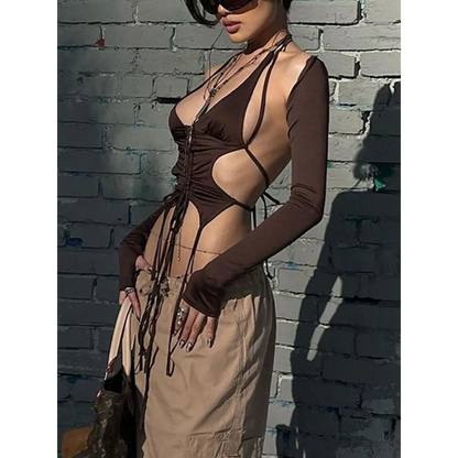 Backless Long Sleeve Crop Tops