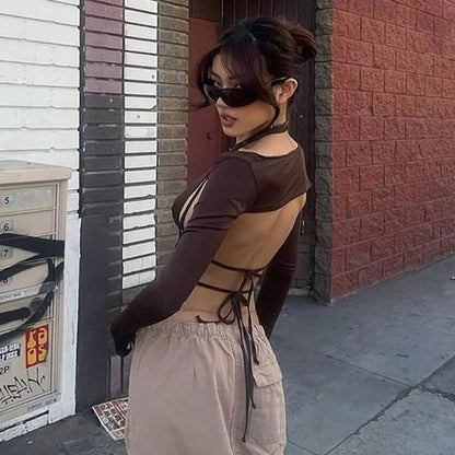 Backless Long Sleeve Crop Tops