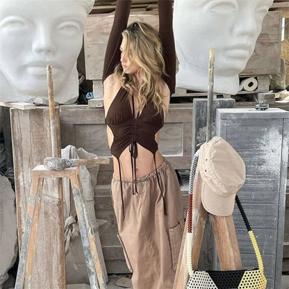 Backless Long Sleeve Crop Tops