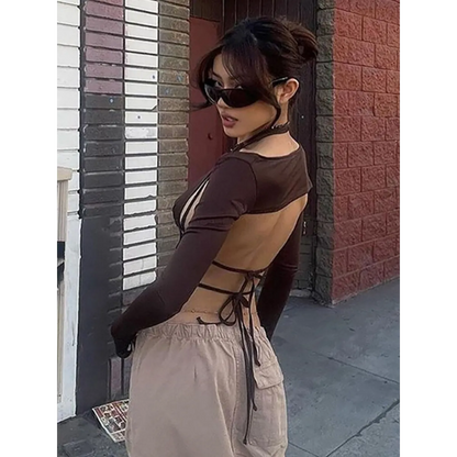 Backless Long Sleeve Crop Tops