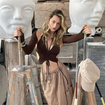 Backless Long Sleeve Crop Tops