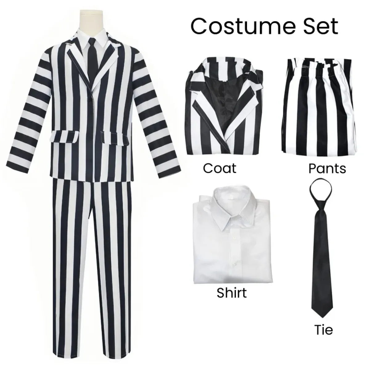 Beetlejuice Cosplay Suit – Black & White Striped Costume Set