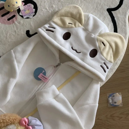 Beige Cutecore Cat Fleece  Hoodie With Zipper