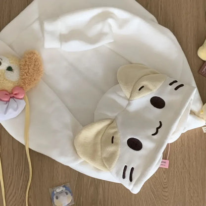 Beige Cutecore Cat Fleece  Hoodie With Zipper